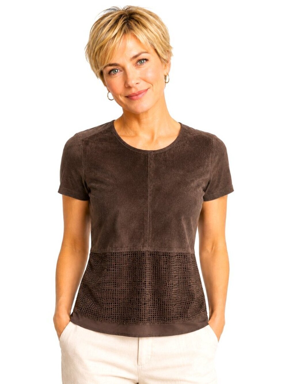 Ecru Taupe Suede Laser Cut Top